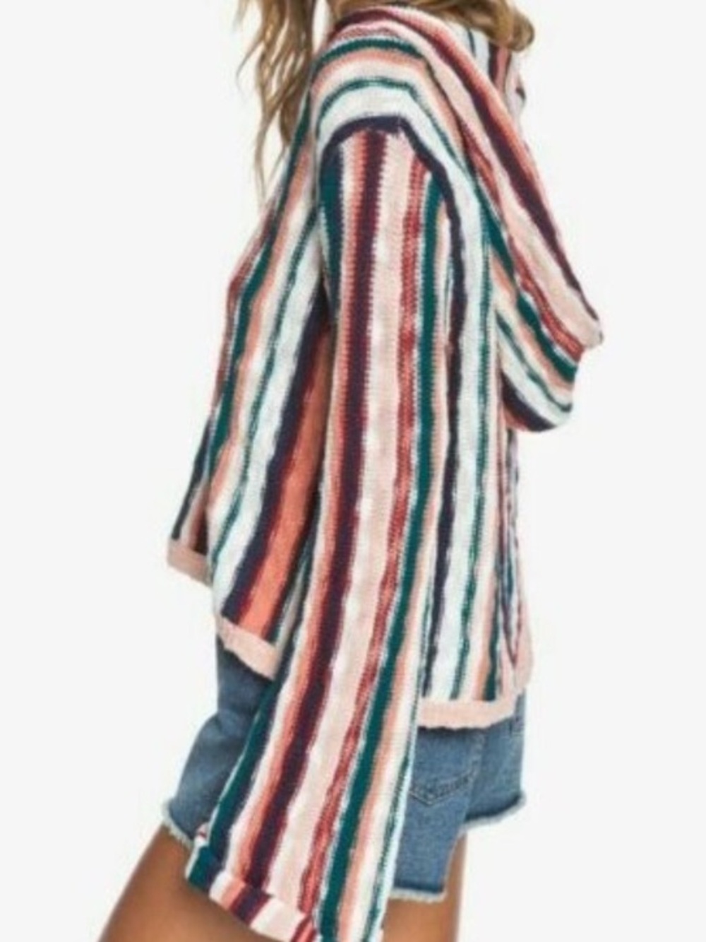 Sz L Roxy Multicolor Striped Hooded Knit Top in Pink, Teal, Navy, Rust, White